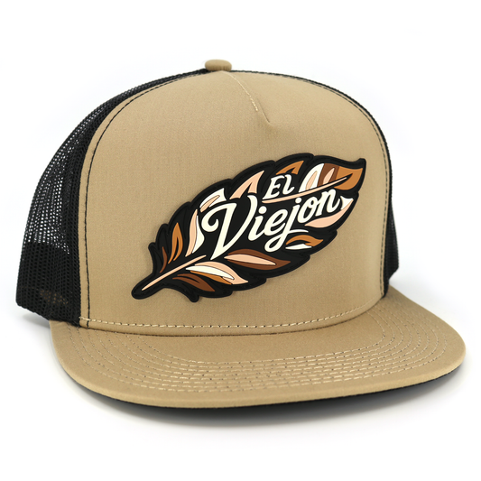 Poblador Khaki/Black flat visor hat with "El Viejon" feather logo, khaki front, and black mesh back.