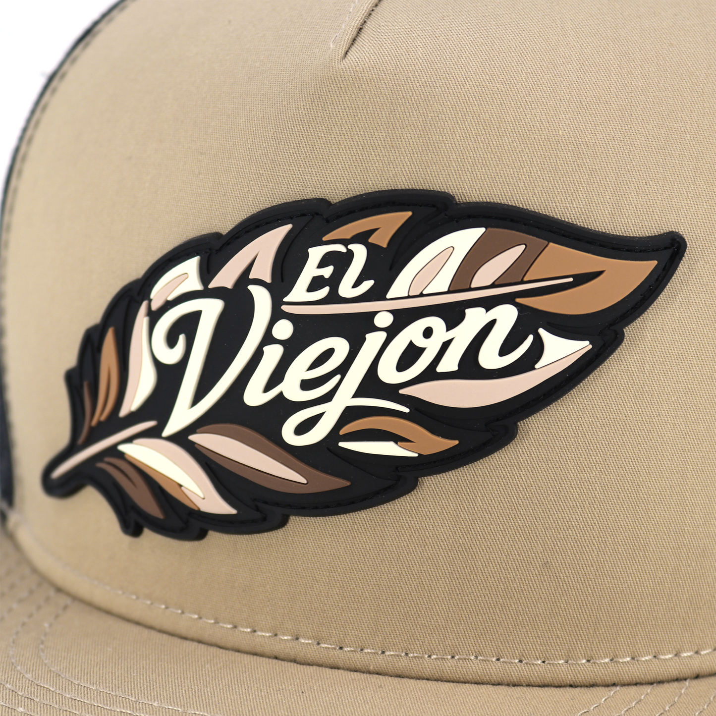 Poblador Khaki/Black flat visor hat with "El Viejon" feather logo.