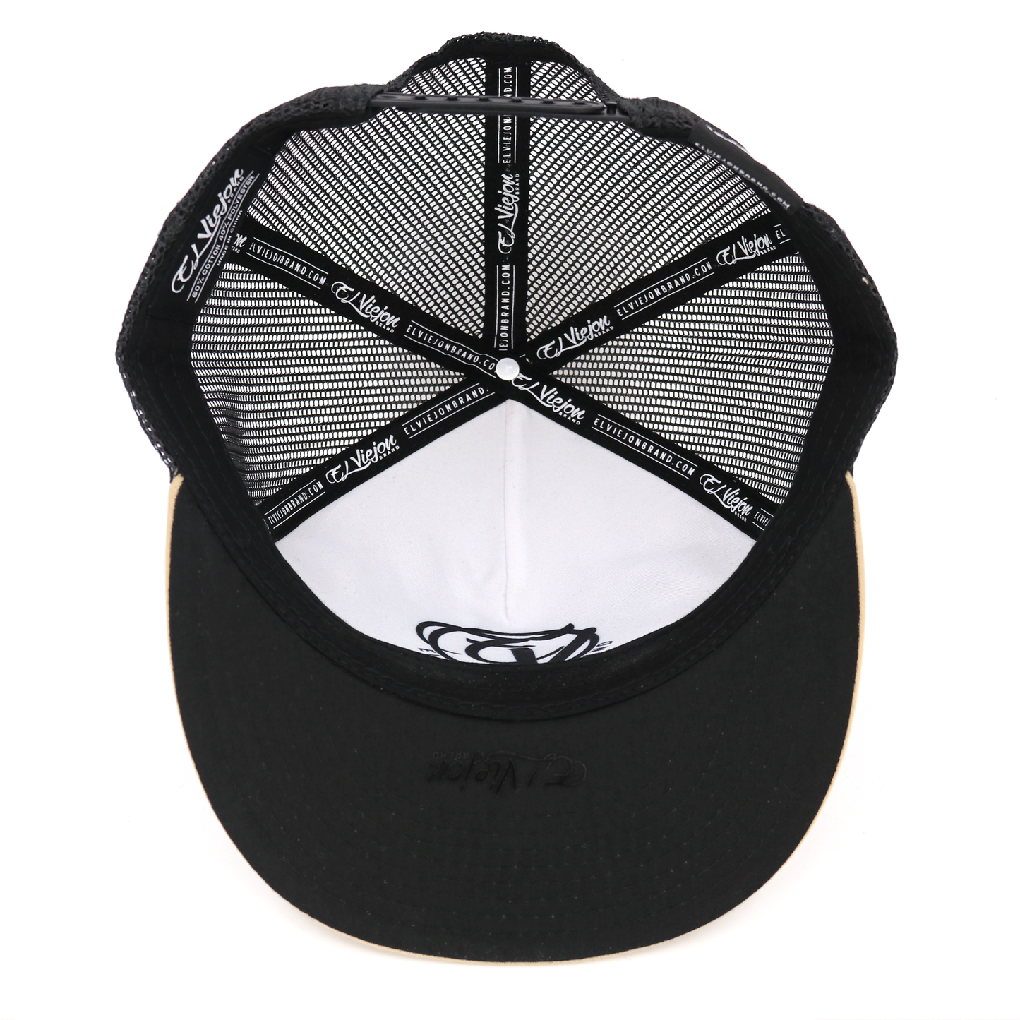 Poblador Khaki/Black flat visor hat, adjustable snapback, black mesh, white front panel.