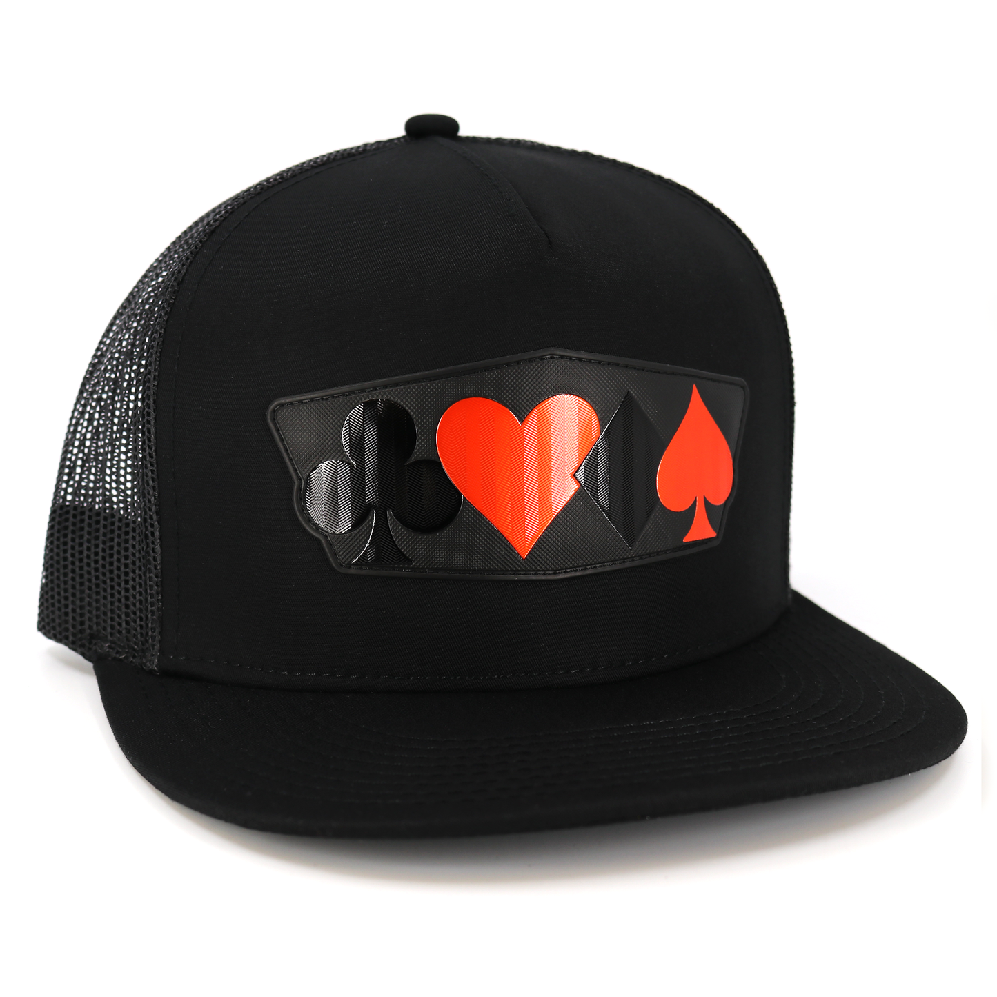 Black flat visor trucker hat with black mesh and a red/black poker suit emblem.