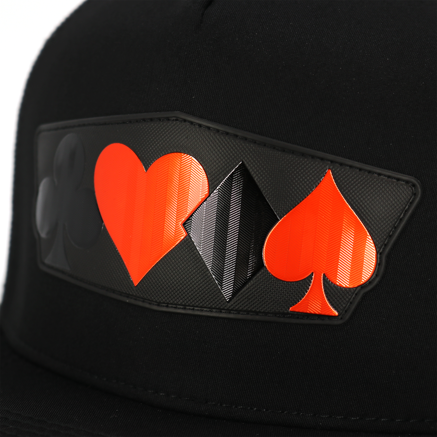 Black flat visor hat with red heart, black diamond, and red spade poker suit symbols.