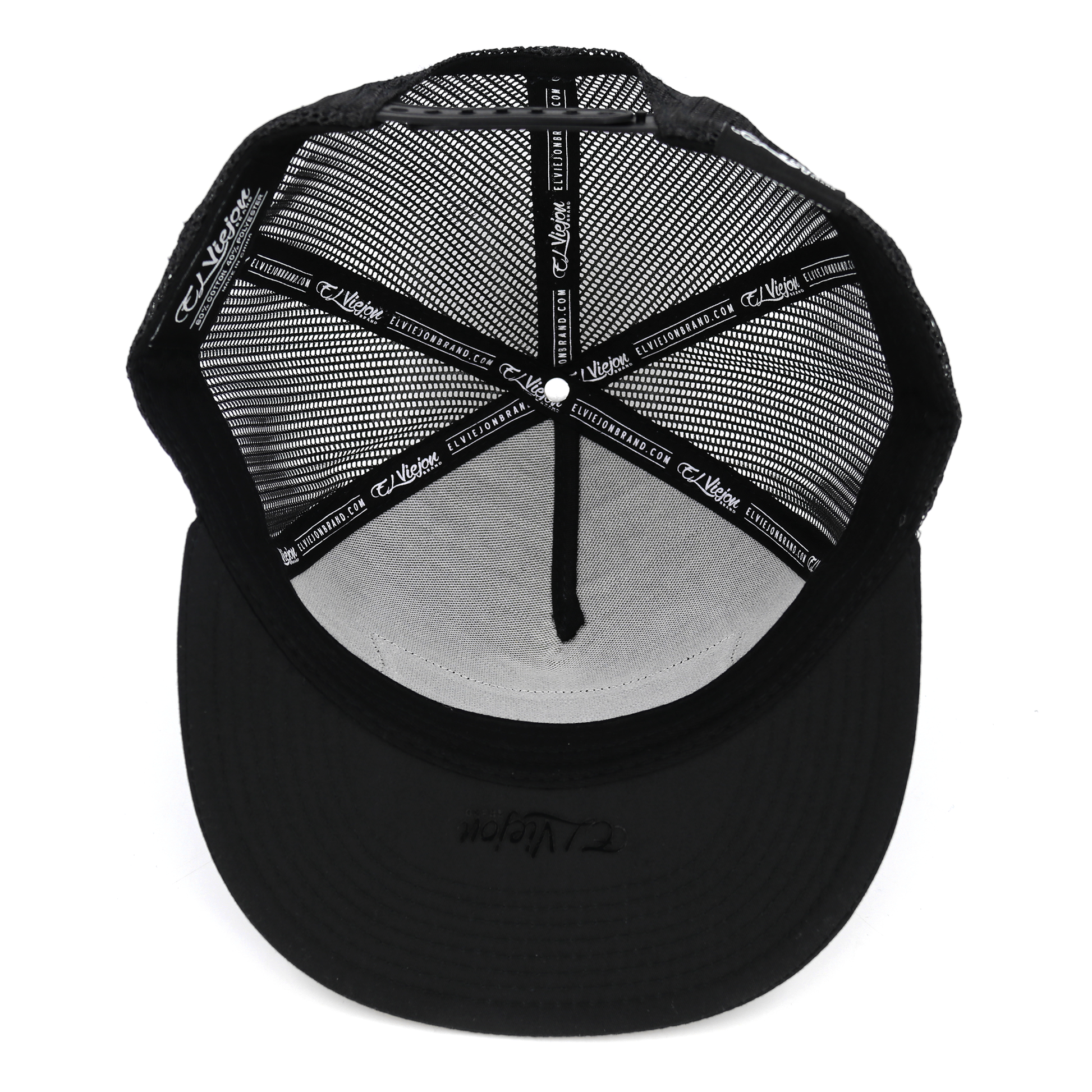 Granada Black flat visor hat, high profile, 5-panel, black mesh, adjustable snapback.
