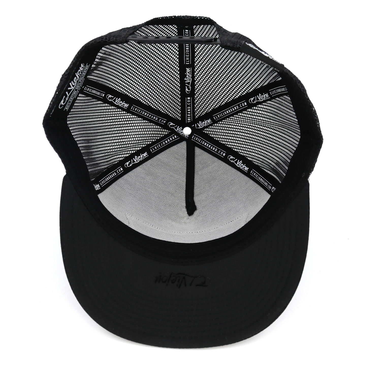 Black Trebol flat visor snapback hat with mesh back, high profile, and adjustable fit.