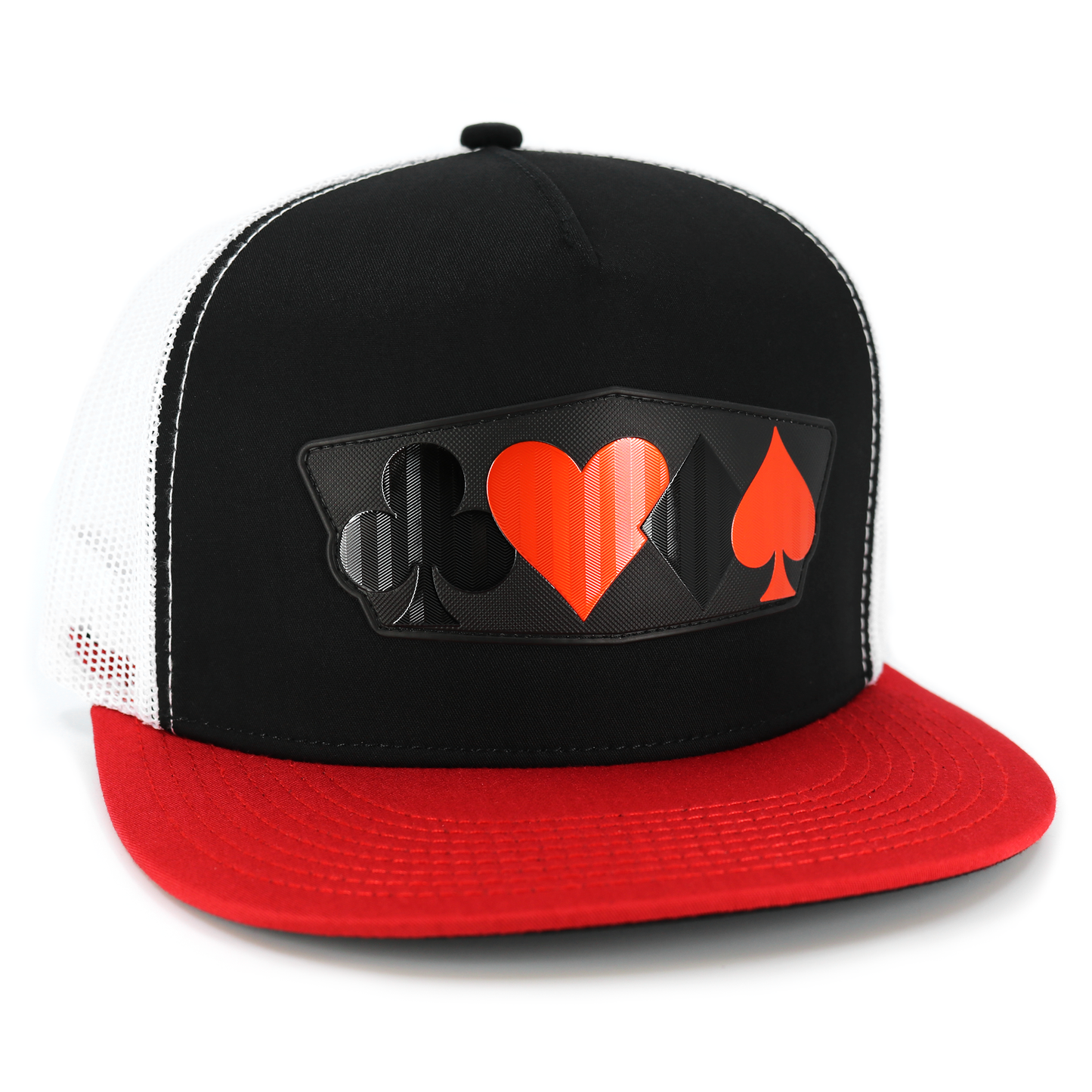 Poker Red/Black/White flat visor hat with mesh back and card suit emblem.