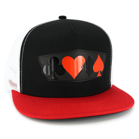 Poker Red/Black/White flat visor hat with mesh back and card suit emblem.