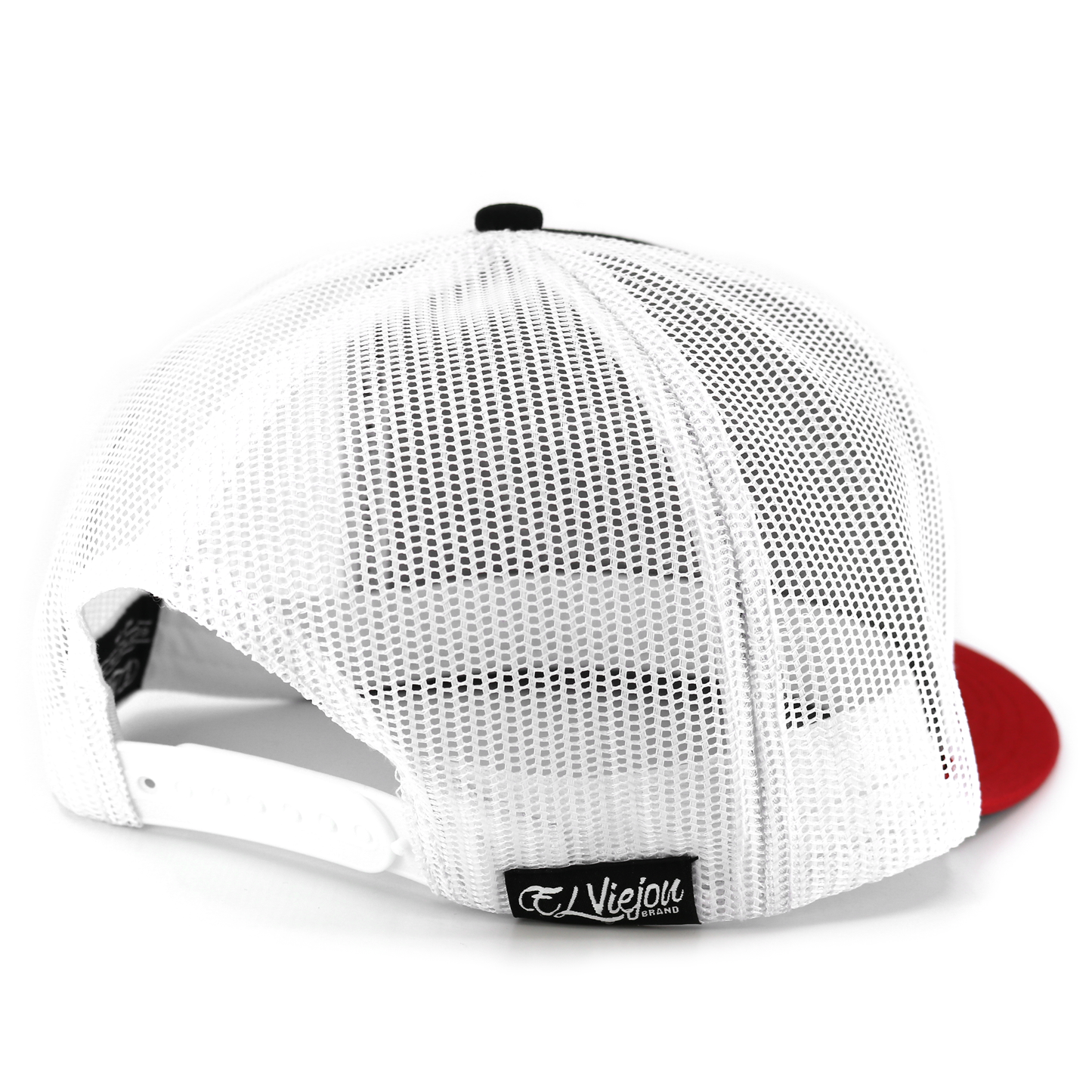 Red, black, and white mesh flat visor hat with adjustable snapback and "Viejo Brand" tag.