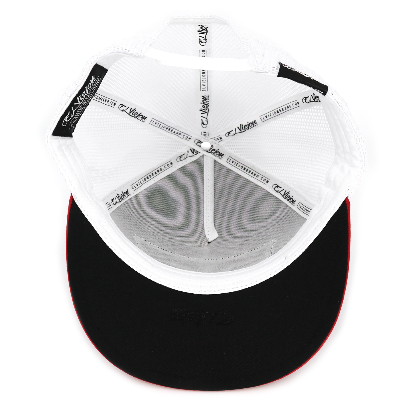 Red, black, and white Poker flat visor hat with white mesh back and adjustable snapback.