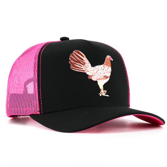 Black and pink mesh trucker hat with a brown and white hen graphic on the front.