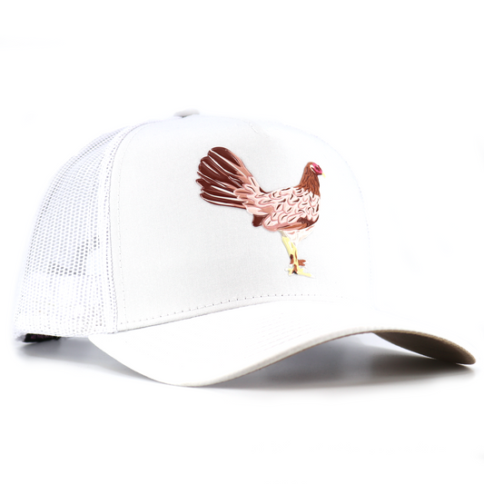 White AVC trucker hat with a brown hen design, mesh back, and adjustable snapback.