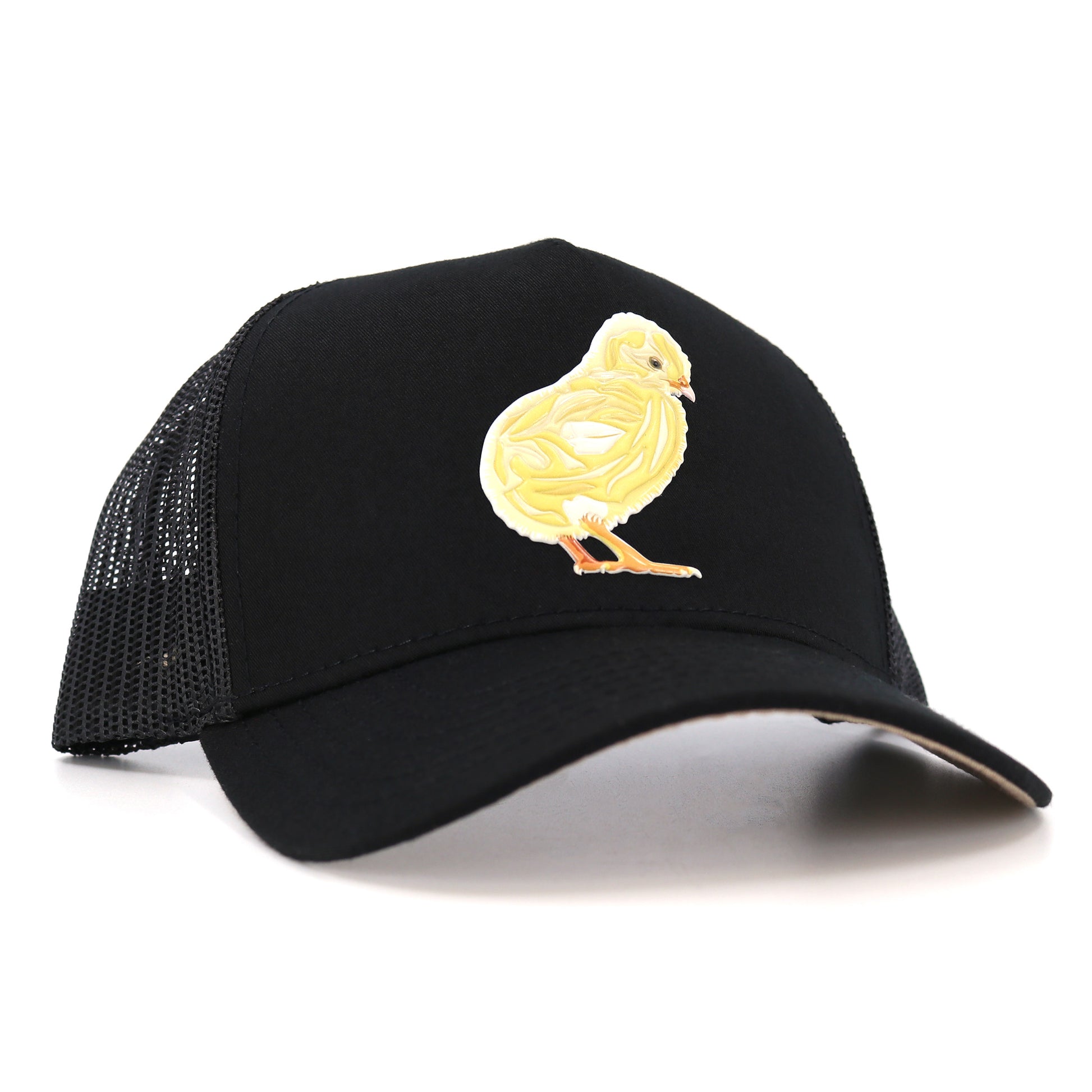 Pollito Black kids' trucker hat with a yellow chick graphic, curved visor, and mesh back.