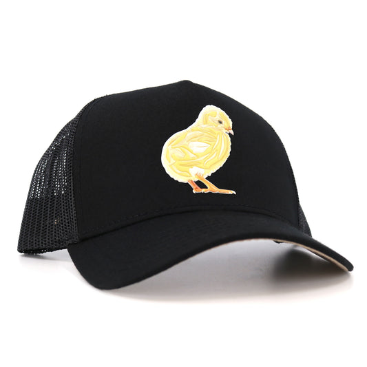 Pollito Black kids' trucker hat with a yellow chick graphic, curved visor, and mesh back.