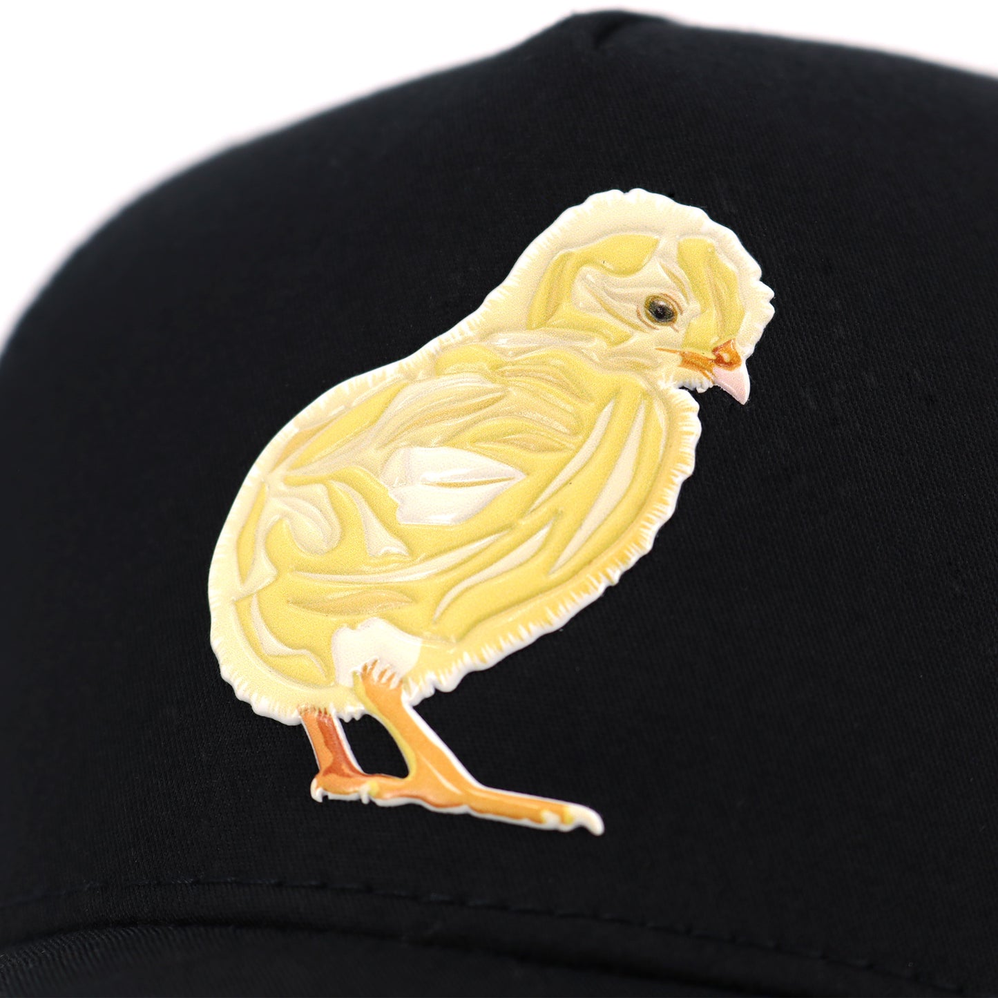 Pollito Black kids' hat with a yellow chick design, high profile, and curved visor.