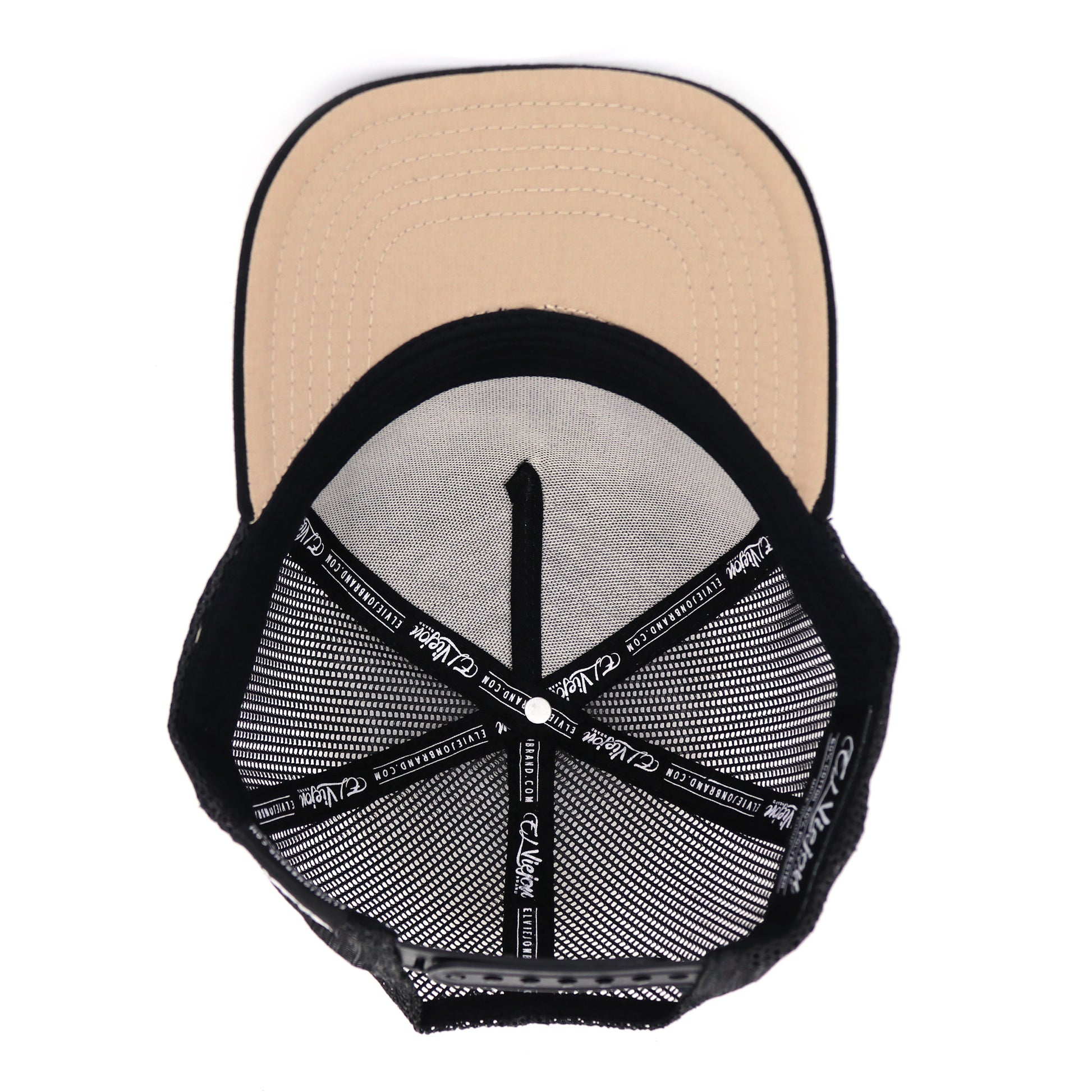 Pollito Black kids' trucker hat with black mesh, tan underside brim, and adjustable snapback.