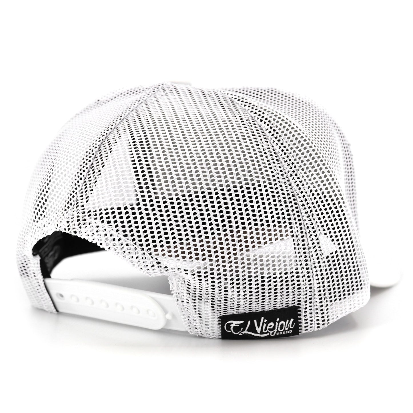 Pollito White kids' trucker hat with mesh back, curved visor, and adjustable snapback.