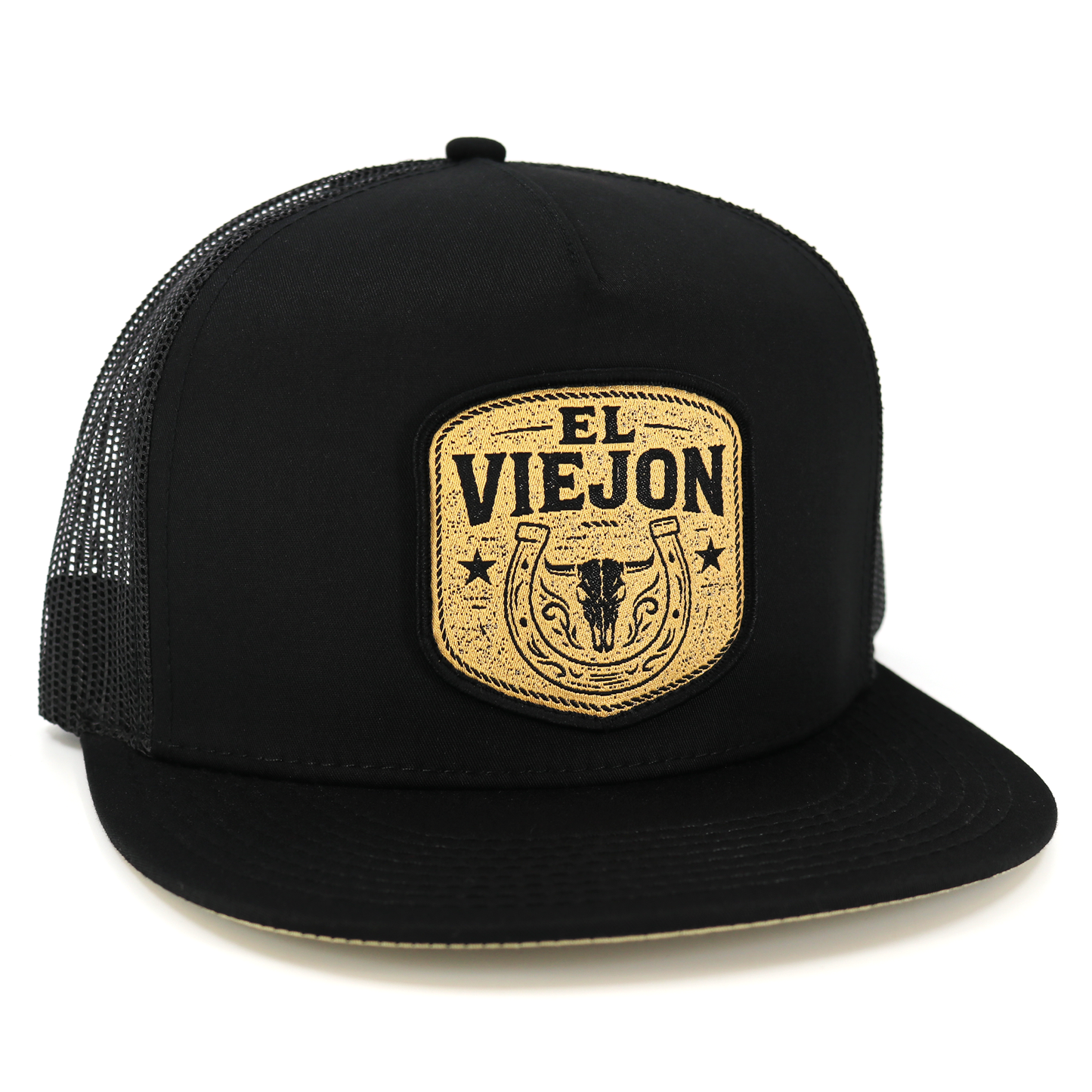 Rancho Viejo black flat visor hat with "El Viejon" patch, bull skull, and horseshoe design.