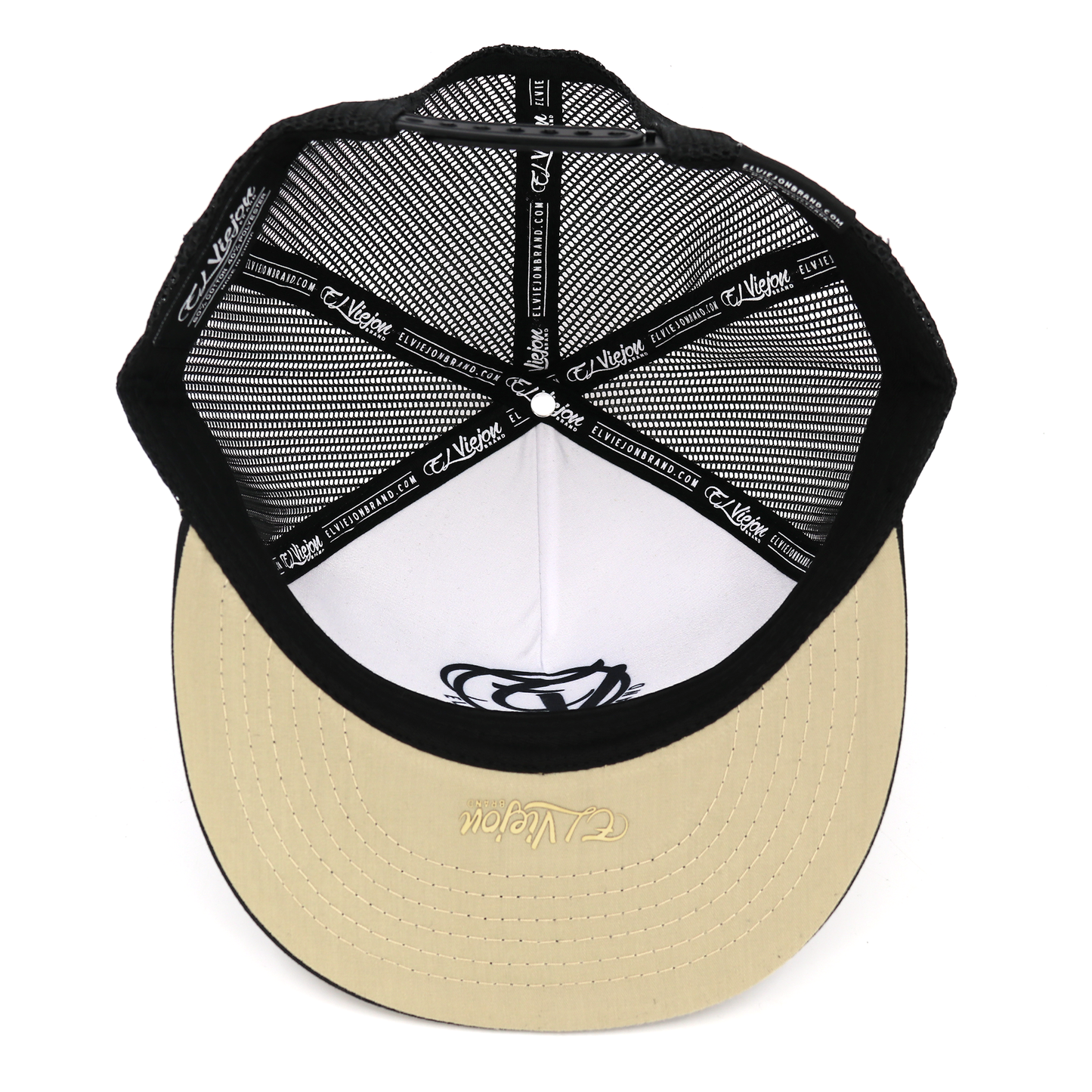 Rancho Viejo black flat visor hat with black mesh back, white front panel, and tan underside brim.