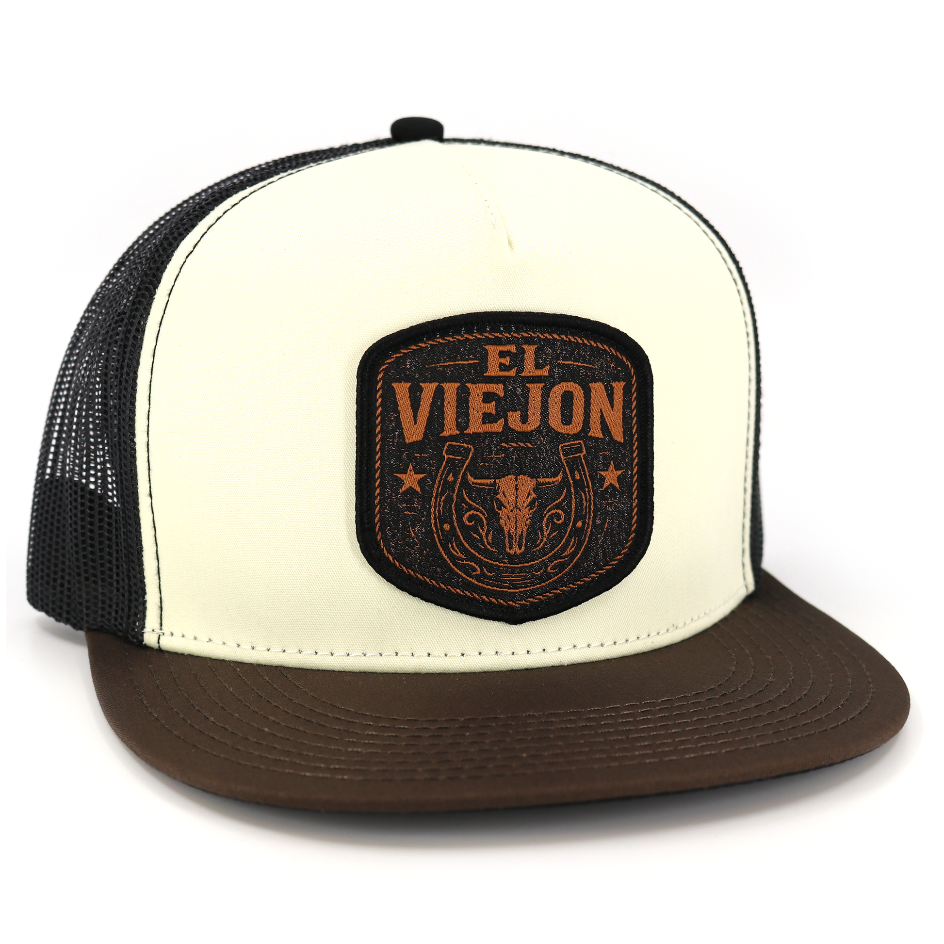 Rancho Viejo brown/cream/black flat visor mesh snapback hat with "El Viejon" patch.