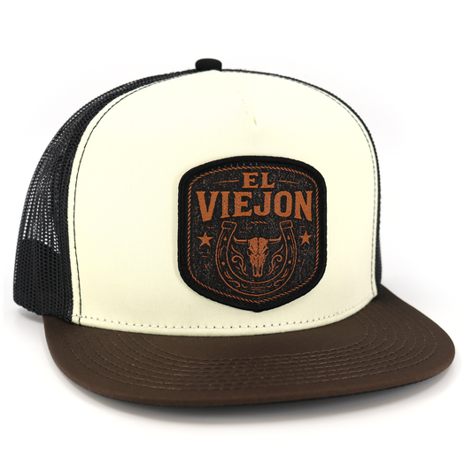 Rancho Viejo brown/cream/black flat visor mesh snapback hat with "El Viejon" patch.