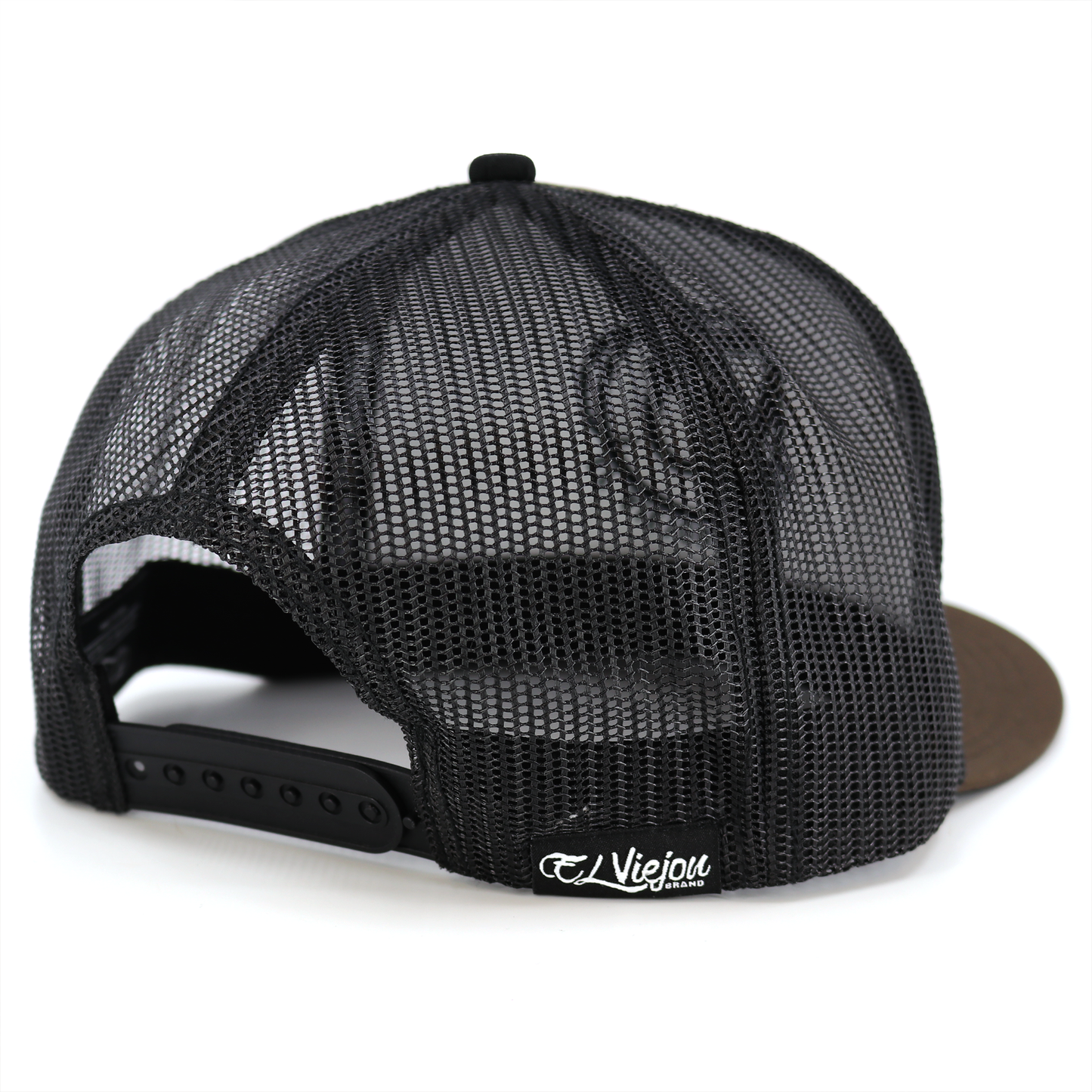 Rancho Viejo brown/cream/black flat visor hat with black mesh back and adjustable snapback.