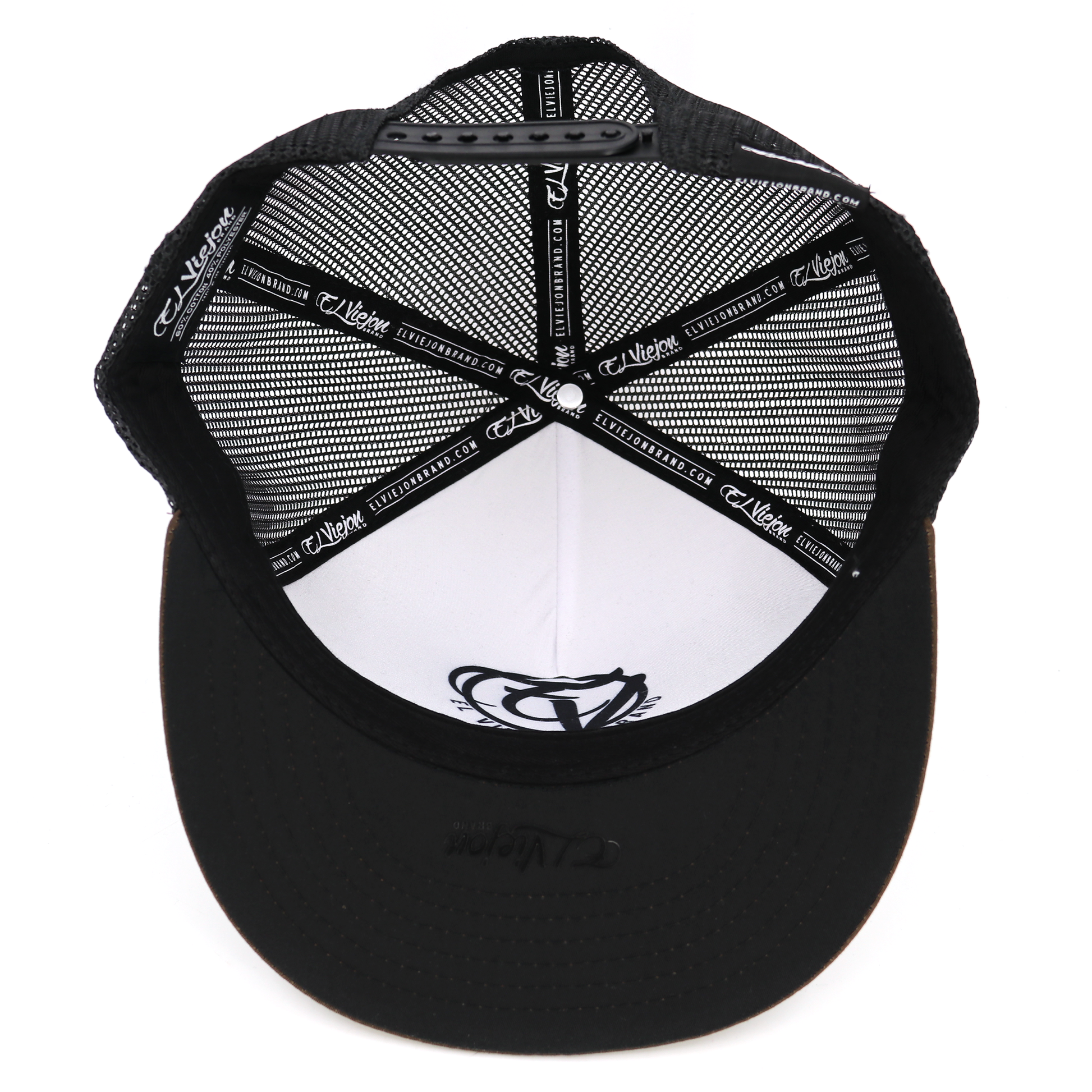 Rancho Viejo brown/cream/black flat visor hat, adjustable OSFM, high profile, 5-panel, snapback.