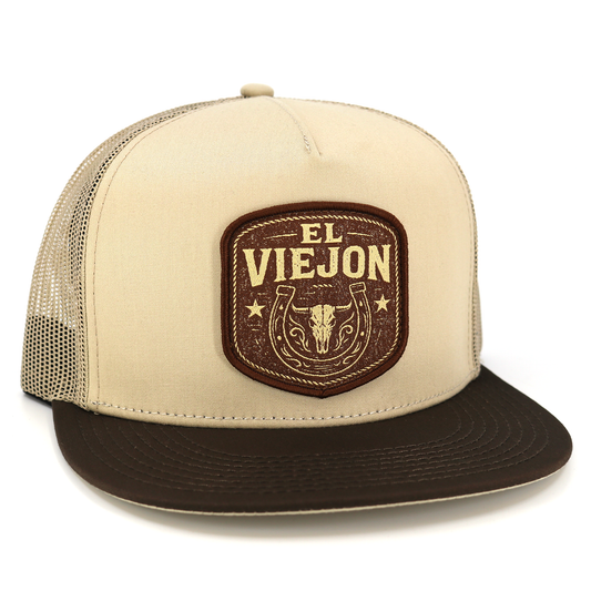 Rancho Viejo flat visor hat: brown brim, khaki front, mesh back, "EL VIEJON" patch with bull skull.