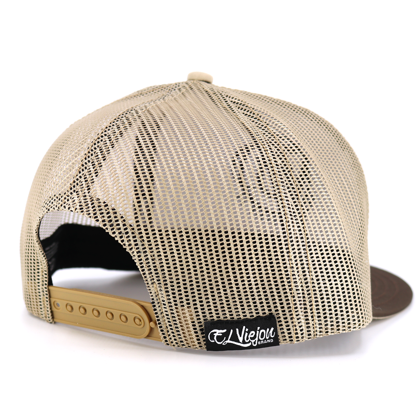 Rancho Viejo brown/khaki flat visor hat with khaki mesh back and adjustable snapback.