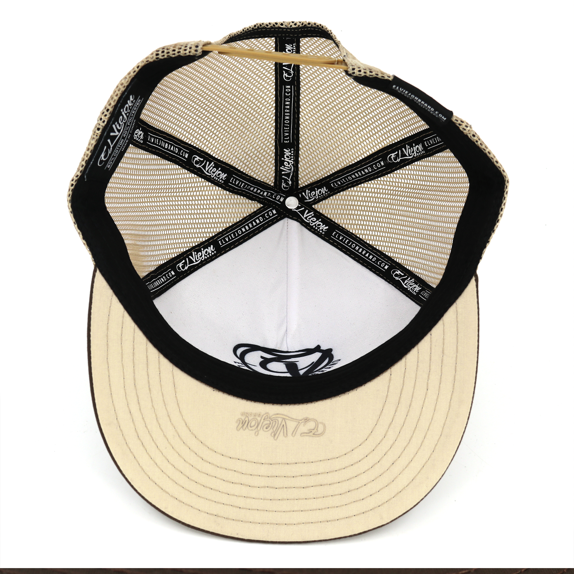 Rancho Viejo brown/khaki flat visor hat with khaki mesh back and adjustable snapback.