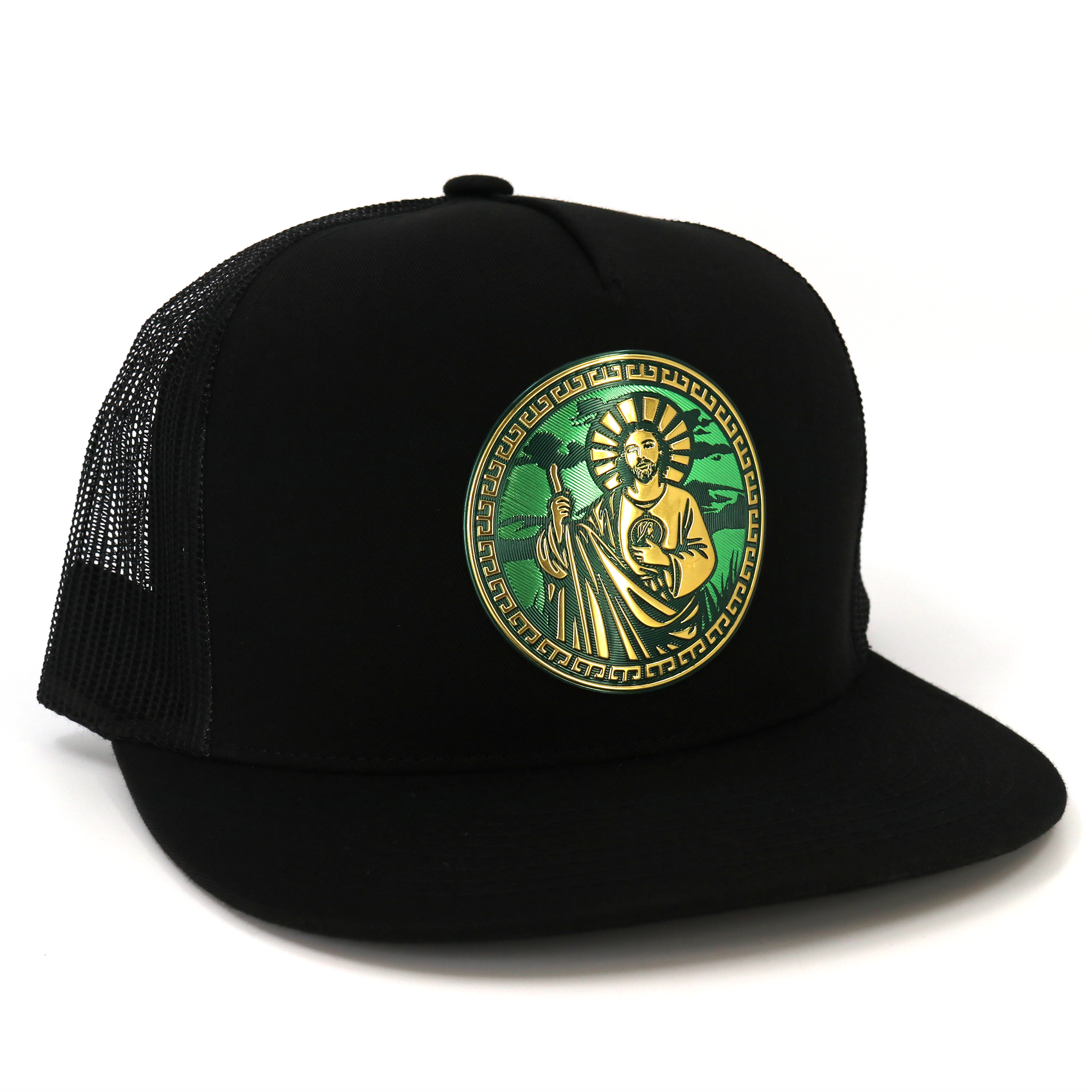 Black San Judas flat visor trucker hat with gold and green circular emblem.