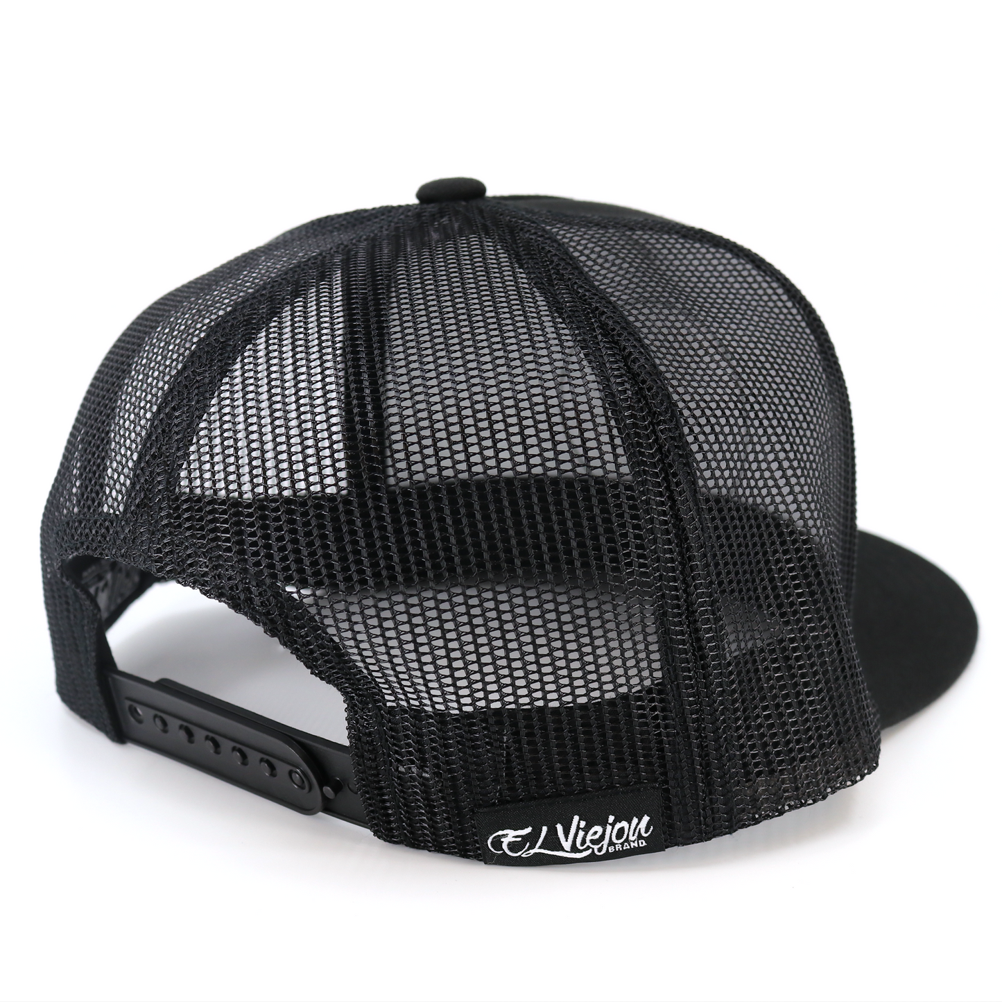 Black San Judas flat visor trucker hat with black mesh back and adjustable snapback.