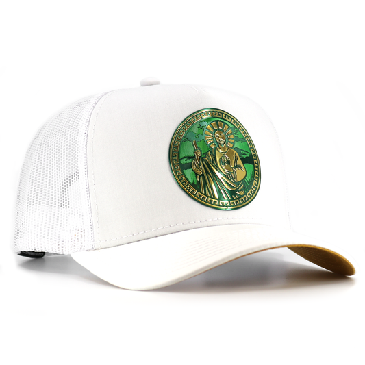 White San Judas AVC hat with a high-profile, pre-curved visor, and a gold and green San Judas emblem.