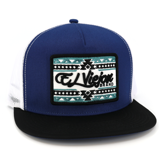 Sonoma Black/Navy/White flat visor hat with "El Viejon Brand" patch and tribal pattern.
