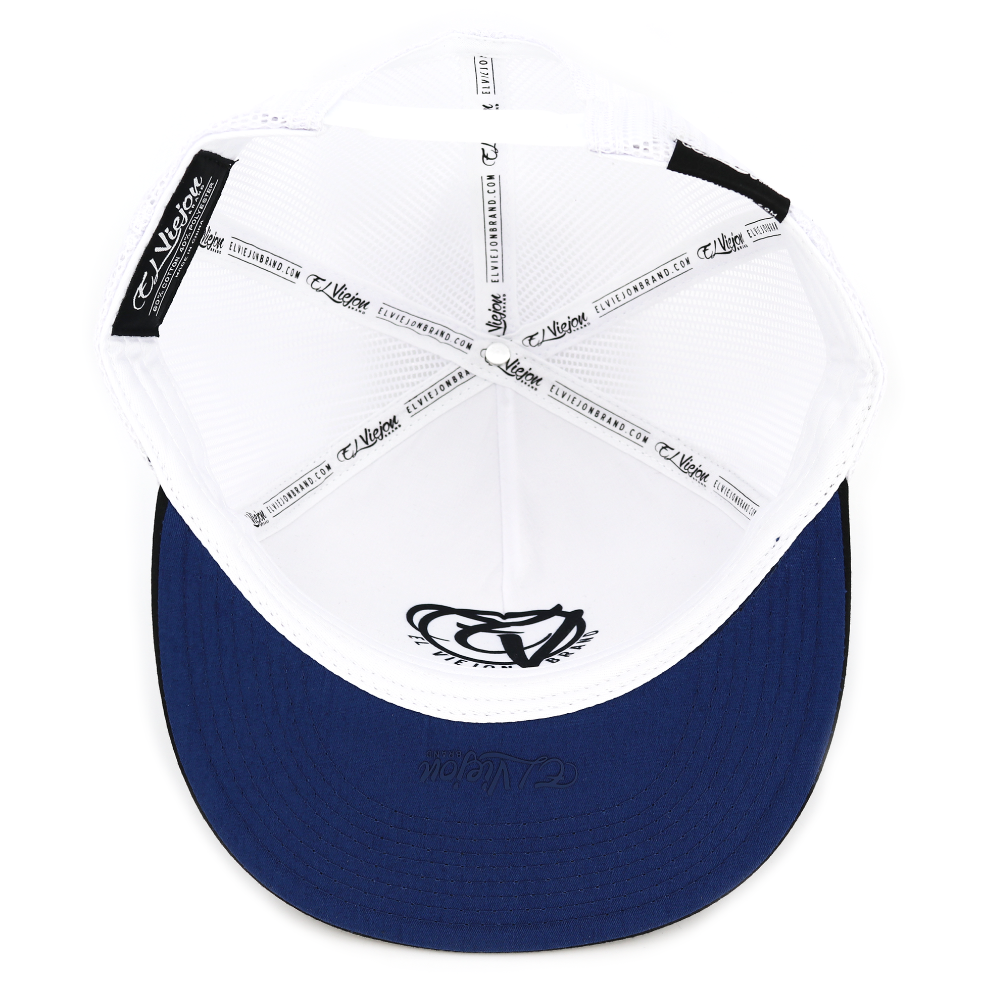 Sonoma Black/Navy/White flat visor hat, adjustable OSFM, with white mesh crown and navy brim.