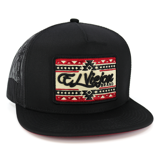Sonoma Black flat visor hat with black mesh, high profile, and "El Viejon Brand" patch with red and black Aztec pattern.