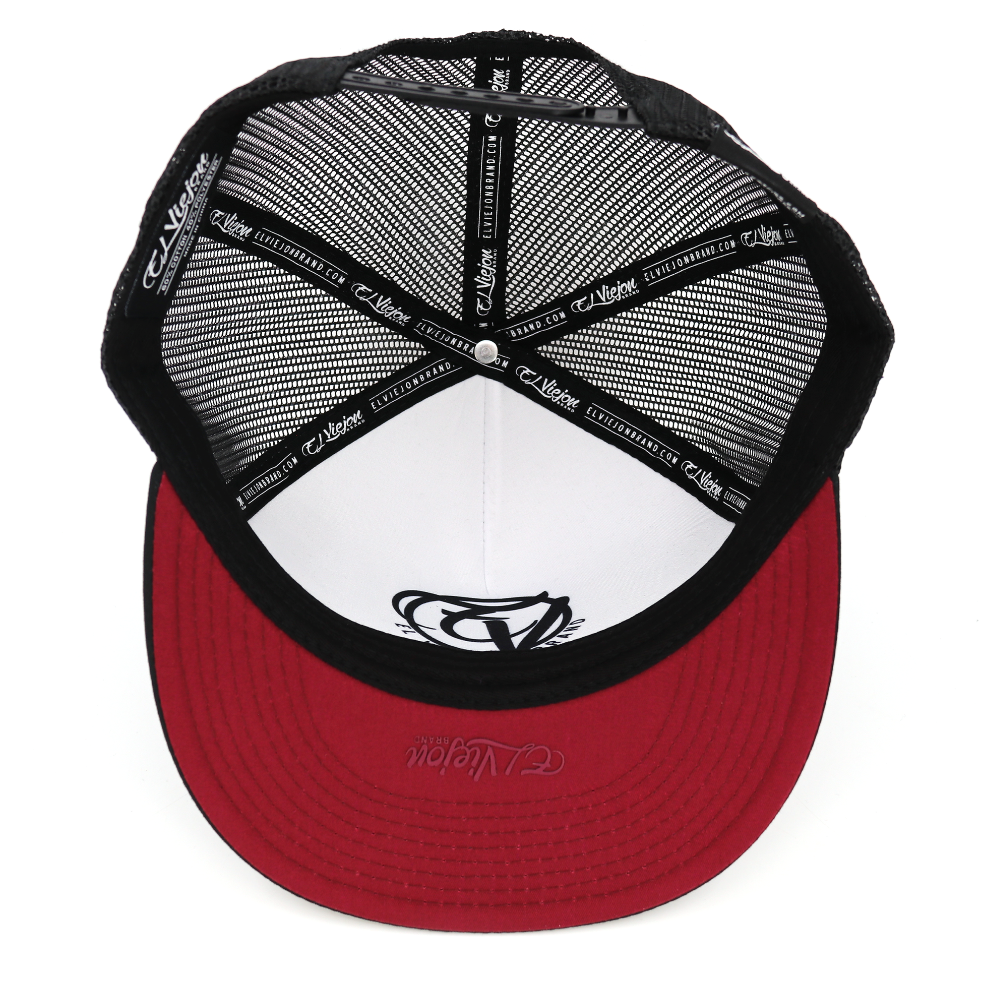 Sonoma Black flat visor hat, black mesh, red underside brim, white front panel with logo, adjustable snapback.