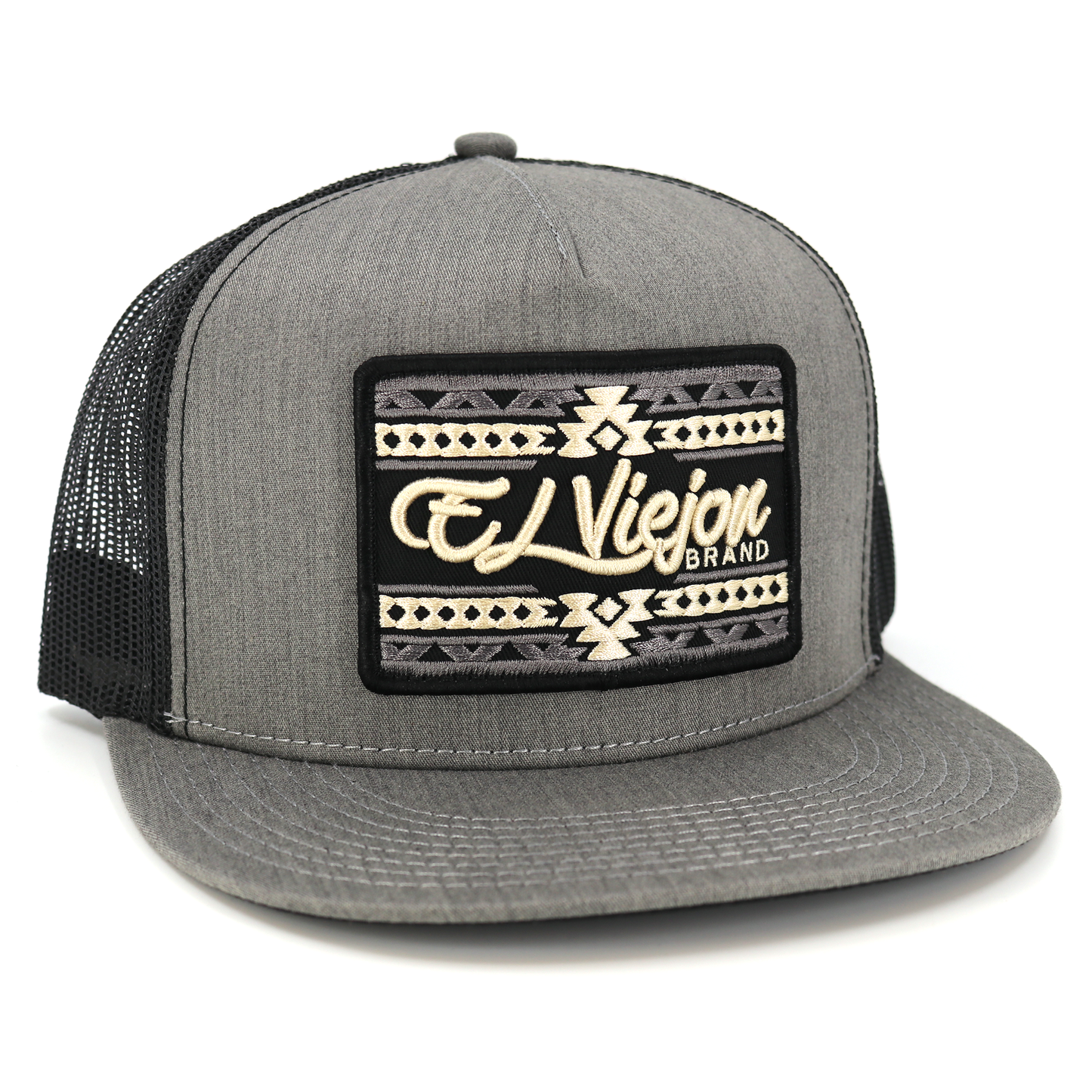 Sonoma Heather/Black flat visor hat with "El Viejon Brand" patch and black mesh back.