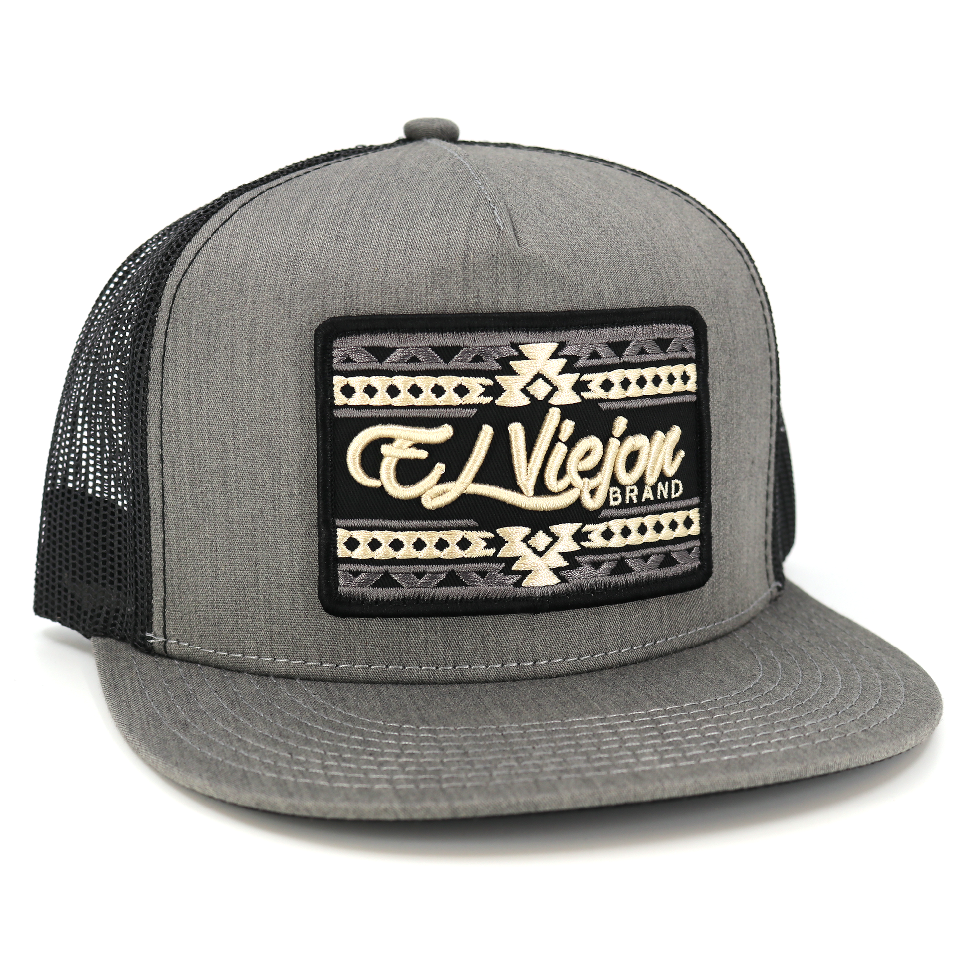 Sonoma Heather/Black flat visor hat with "El Viejon Brand" patch and black mesh back.