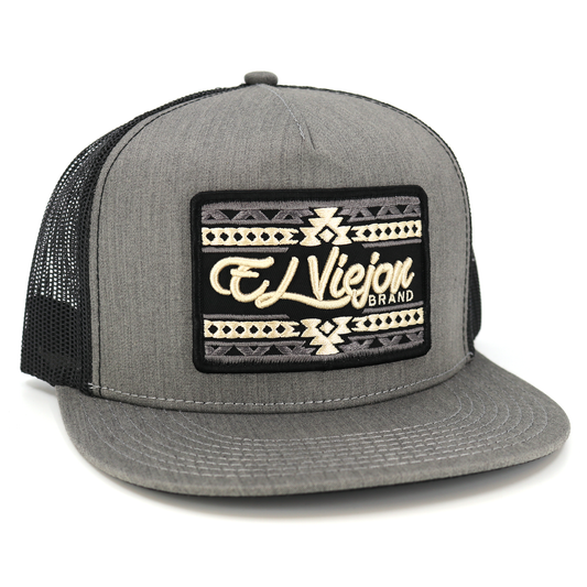Sonoma Heather/Black flat visor hat with "El Viejon Brand" patch and black mesh back.