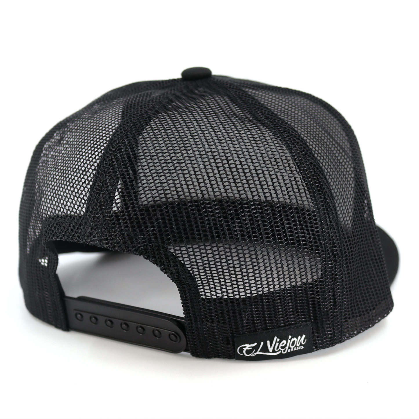 El Cente Black flat visor trucker hat with black mesh back and adjustable snapback.