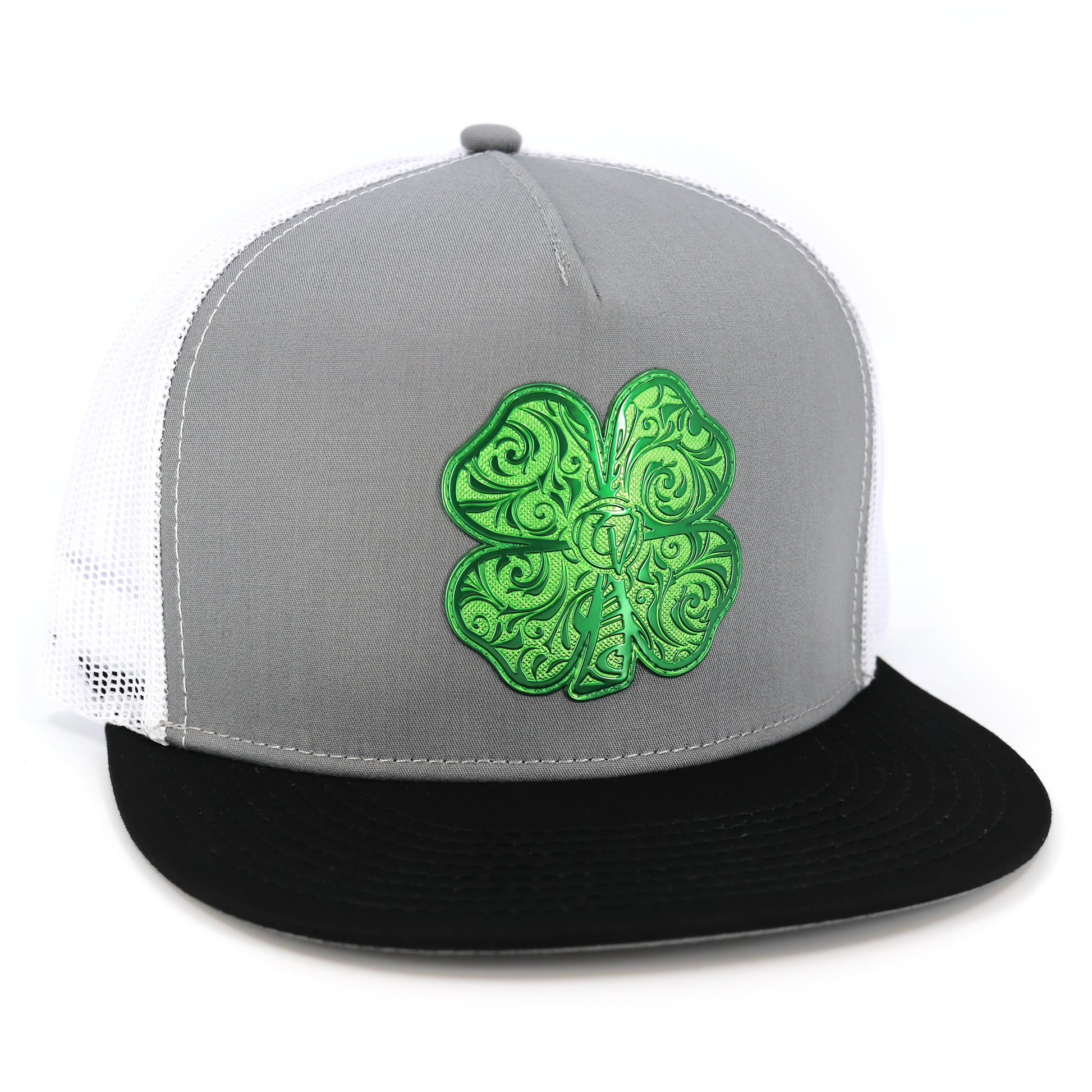 Trebol Black/Grey/White flat visor hat with green ornate four-leaf clover emblem.