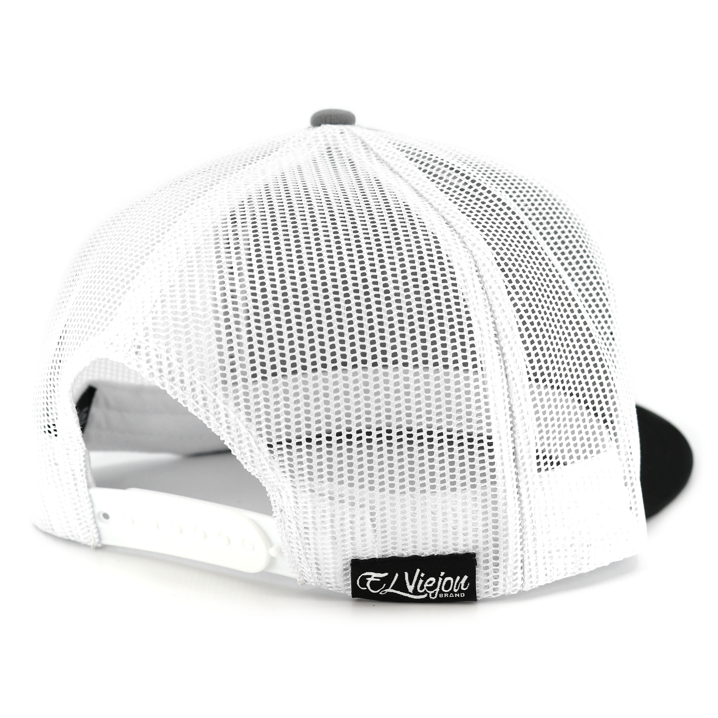 Trebol Black/Grey/White flat visor hat with white mesh back and adjustable snapback.