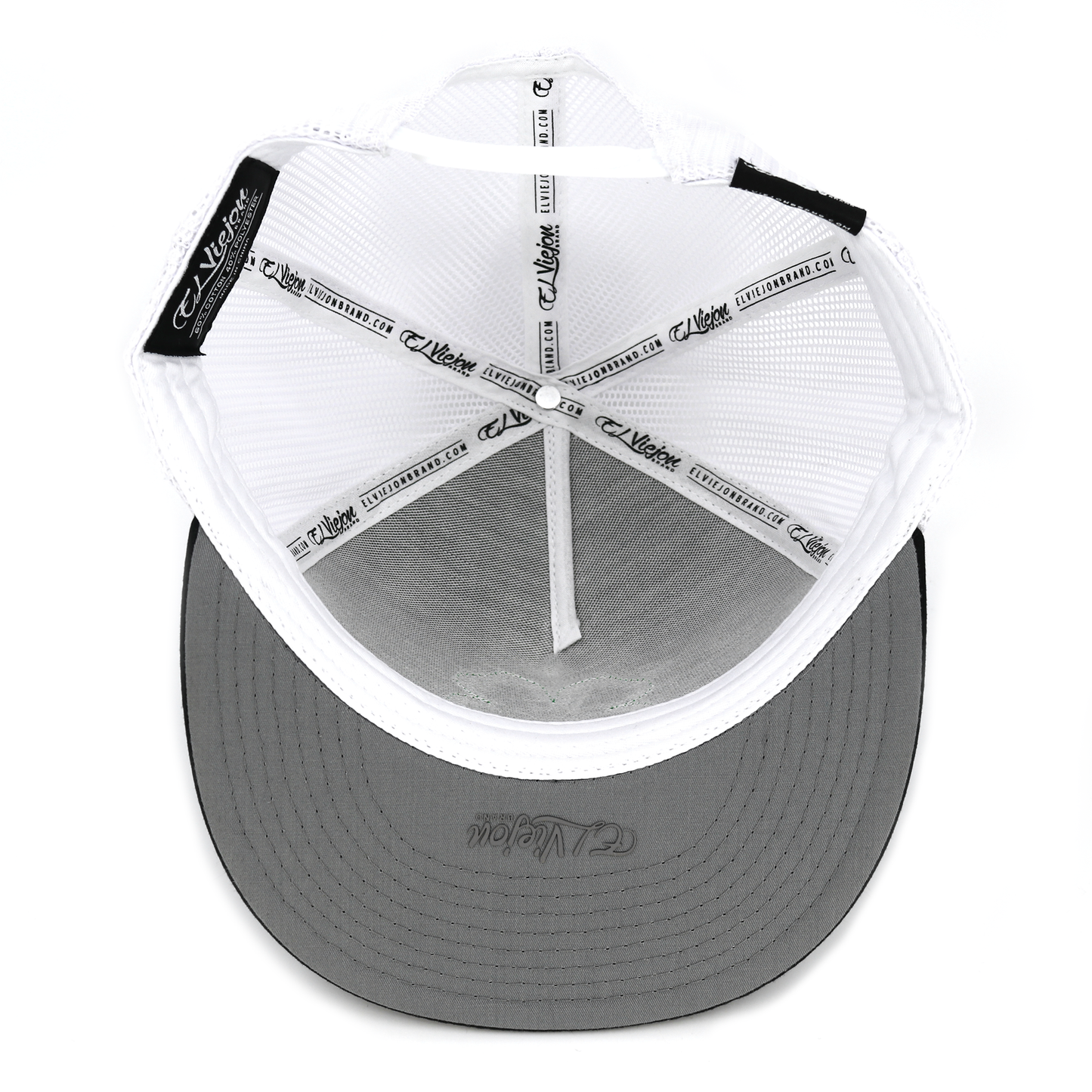 Trebol Black/Grey/White flat visor hat, high profile, white mesh, adjustable snapback.