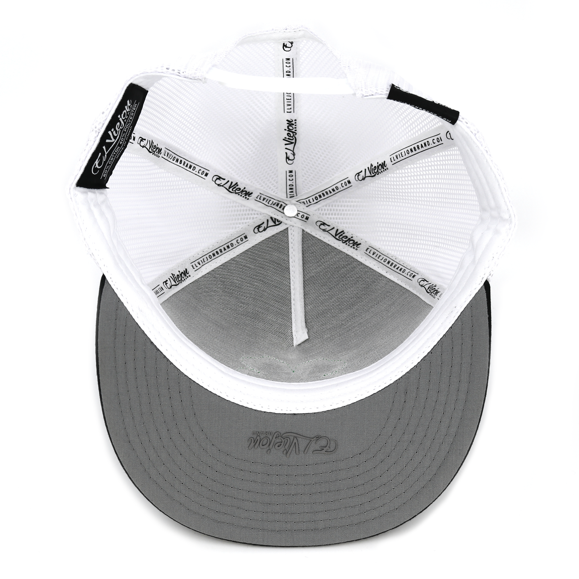Trebol Black/Grey/White flat visor hat, high profile, white mesh, adjustable snapback.