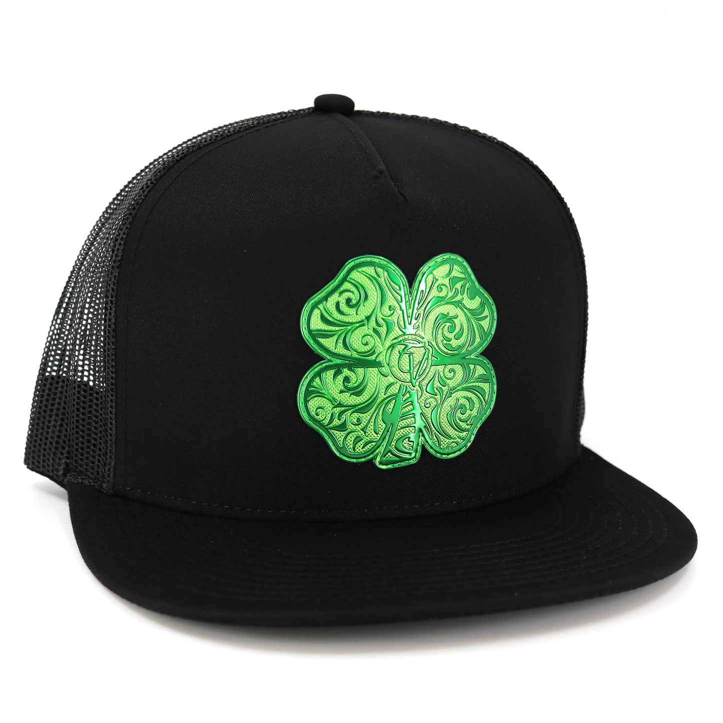 Trebol Black flat visor hat with green embroidered four-leaf clover, black mesh back, and snapback closure.