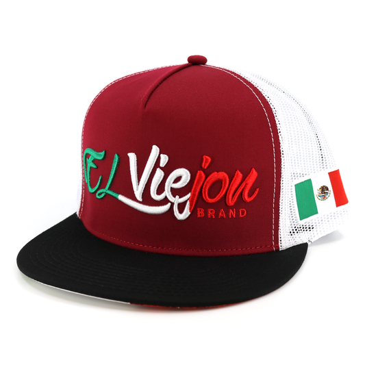 Tri Color Black/Maroon/White flat visor hat with "El Viejon Brand" logo and Mexican flag patch.