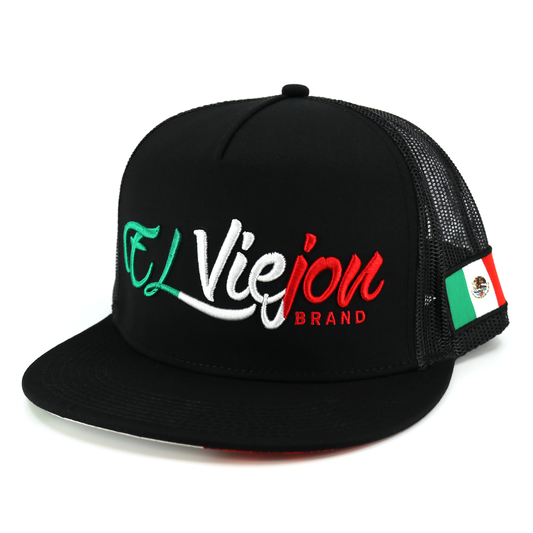 Black Tri Color El Viejon Brand flat visor hat with mesh back and Mexican flag detail.