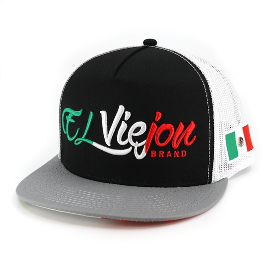 Tri Color Grey/Black/White flat visor hat with "El Viejon Brand" embroidery and Mexican flag patch.
