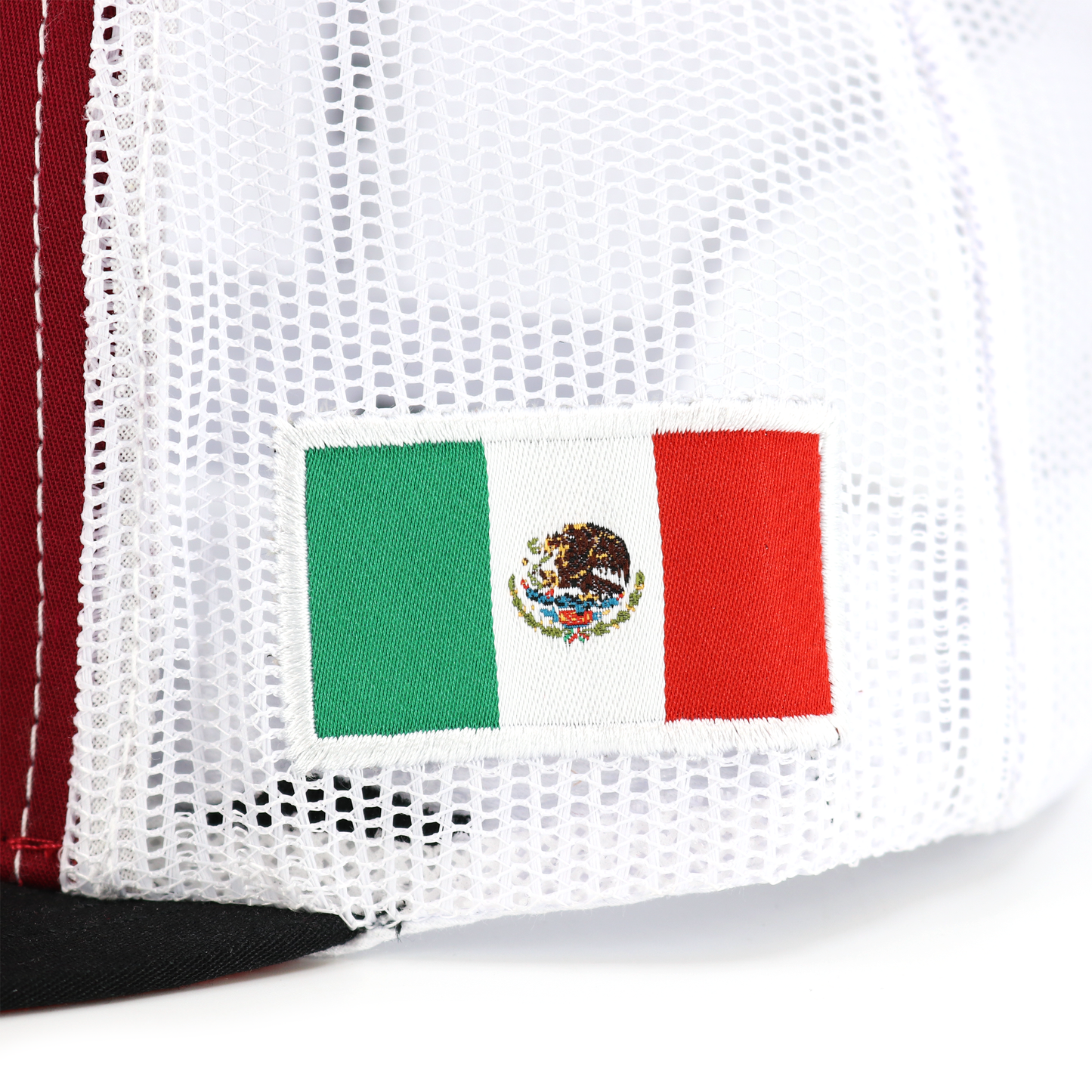 Black, maroon, and white mesh flat visor hat with a Mexican flag patch on the white mesh side.
