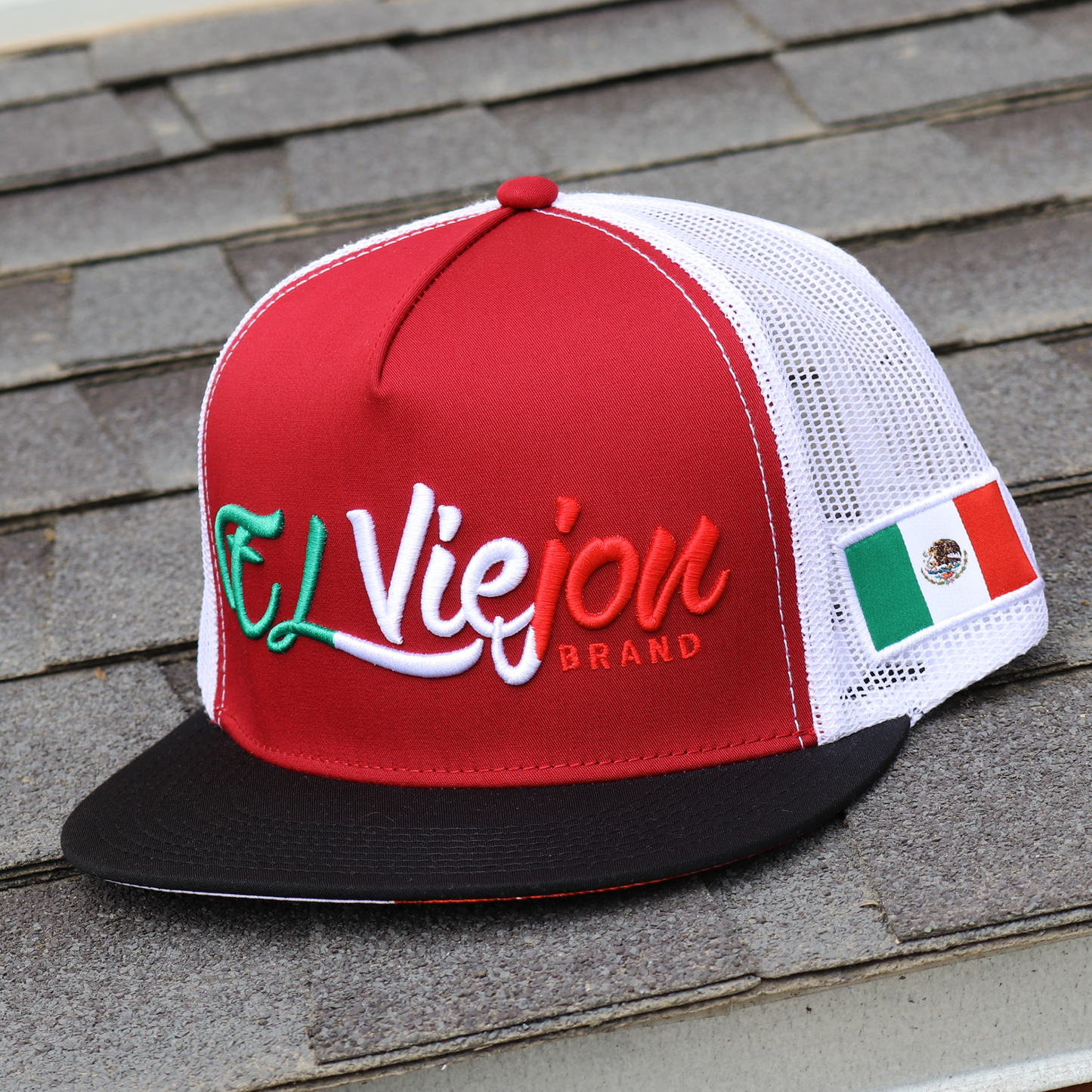 Tri Color El Viejon Brand flat visor hat: red crown, white mesh, black brim, Mexican flag patch.