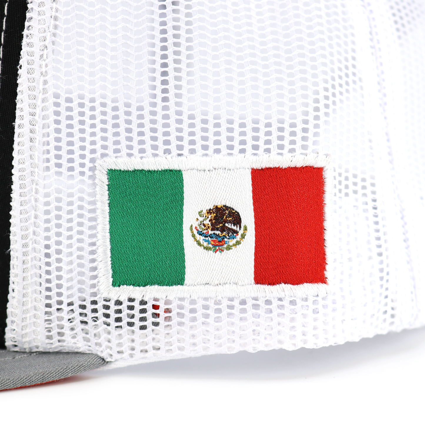 Tri Color Grey/Black/White flat visor hat with a Mexican flag patch on white mesh.