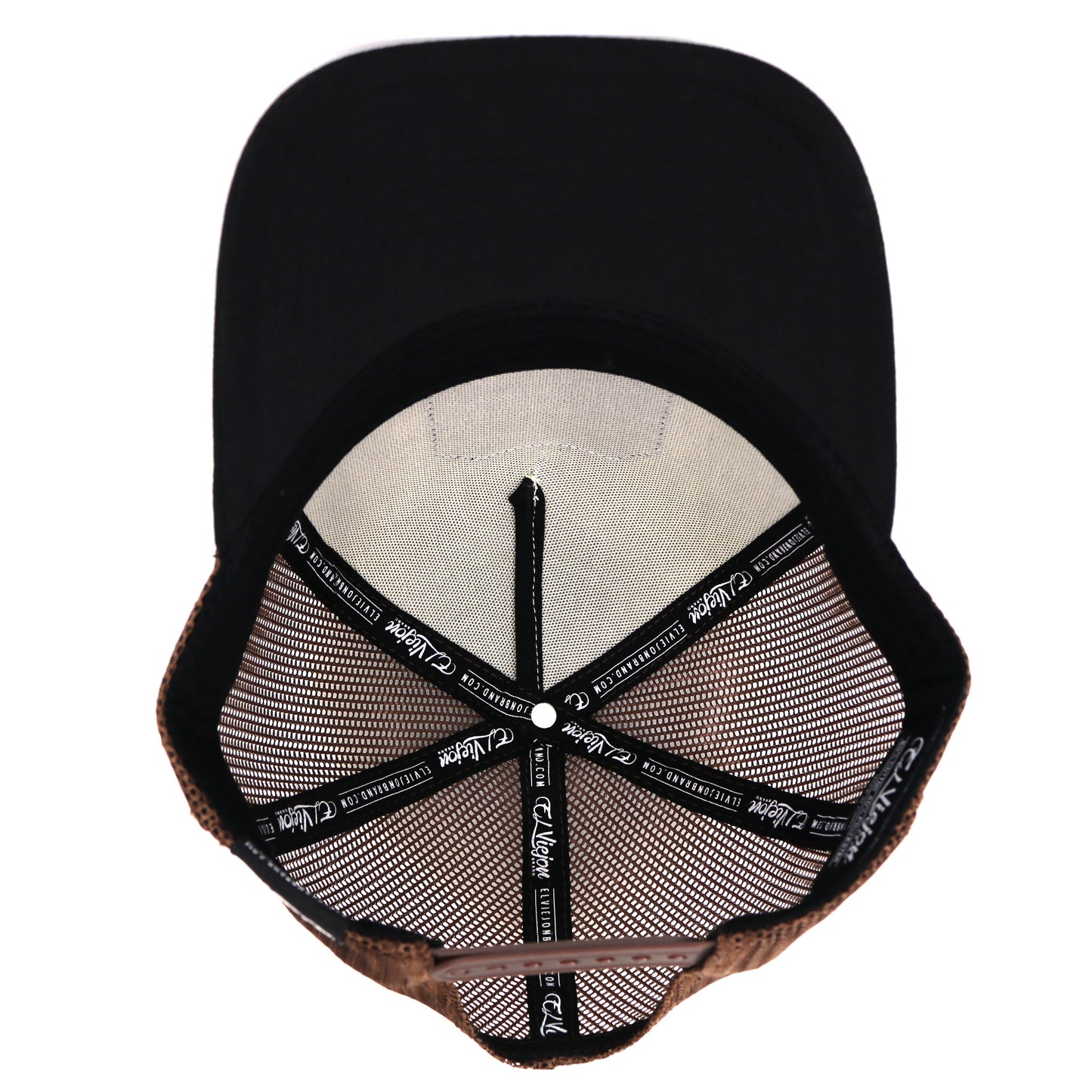 Venado Black/Ivory/Brown AVC hat, high profile, 5-panel, with brown mesh and adjustable snapback.